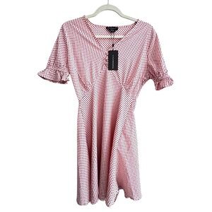 NWT Wednesday Girl Gingham Style Mini Dress Size Medium Polka Dot Ruffle Sleeve